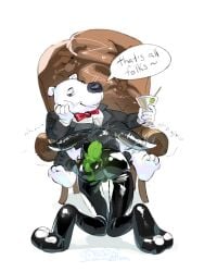 alcohol anthro beverage bodysuit bottomless bottomless_male bow_tie brian_griffin bugs_bunny canid canine clothed clothing duo family family_guy fellatio grech4 hi_res lagomorph latex leporid looking_at_viewer looney_tunes male male/male mammal object_in_ass oral penile rabbit sex sitting skinsuit speech_bubble submissive submissive_male tight_clothing warner_brothers