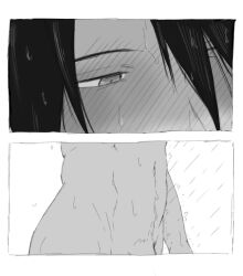 2boys bath bathing blush border commentary english_commentary highres looking_at_another male_focus multiple_boys naruto_(series) navel navel_hair penis_base shared_bathing short_hair showering shy simple_background themidnights0ng uchiha_sasuke uzumaki_naruto wet white_background white_border yaoi