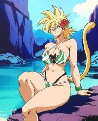 beach_clothes bra breasts cleavage dragon_ball dragon_ball_super dragon_ball_z happy maiz mountain ocean panties saiyan saiyan_female saiyan_tail smiling super_saiyan tail thick_thighs thighs thighs_bigger_than_head transformation
