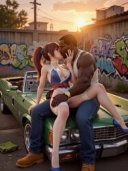 3d ai_generated asian_female black_male car caressing_face carl_johnson closed_eyes couple couple_(romantic) crossover dark-skinned_male dead_or_alive eastern_and_western_character gangster ghetto gold_jewelry graffiti graffiti_on_wall grand_theft_auto grand_theft_auto:_san_andreas heels high_heels holding_face holding_thigh interracial jewelry kasumi_(doa) kiss_on_lips kissing kunoichi light-skinned_female los_santos ponytail romantic romantic_couple sitting_on_car sitting_on_lap sunset touching wowzerpowzers
