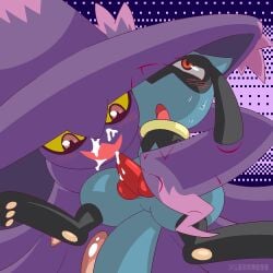 1boy 1girls blowjob blue_body blue_fur blush canid_humanoid cum cum_on_face dominant_female female ghost ghost_girl ghost_type knotted_penis male mismagius nintendo penis pixel_(artwork) pixel_art pixelated_background pokemon pokemon_dppt pokemon_only purple_body purple_eyes red_eyes riolu size_difference smaller_male taller_female type_advantage xierra099