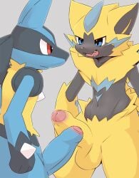 2021 3_fingers anthro anthro_on_anthro balls big_penis biped black_body black_fur blue_body blue_eyes blue_fur blue_penis blue_whiskers blush blush_lines canid canine cheek_tuft chest_spike closed_smile digital_drawing_(artwork) digital_media_(artwork) duo erection eye_contact facial_tuft fangs felid feline fingers foreskin fur generation_4_pokemon generation_7_pokemon genitals glans glistening glistening_eyes gloves_(marking) grey_background grey_body grey_fur hand_spike hi_res humanoid_genitalia humanoid_penis legendary_pokemon looking_at_another lucario male male/male male_anthro mammal markings mouth_closed multicolored_body multicolored_fur mythical_pokemon navel neck_tuft nintendo nude nude_anthro nude_male open_mouth open_smile partially_retracted_foreskin penis pink_glans pointy_ears pokemon pokemon_(species) prick_ears pu_sukebe red_eyes simple_background smile spikes spikes_(anatomy) tail teeth tongue tuft whiskers white_nose yellow_balls yellow_body yellow_fur yellow_penis yellow_tail zeraora