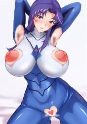 areolae_bulge armpit_crease armpit_fetish armpit_hair armpits arms_behind_head arms_up bluevery_king blush hairy_armpits horny horny_female huge_breasts katsuragi_misato looking_at_viewer misato_katsuragi neon_genesis_evangelion nipple_bulge nipples nipples_exposed pussy_juice pussy_juice_drip seductive seductive_eyes seductive_look seductive_mouth seductive_pose seductive_smile steamy_armpits