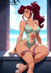 1girls abs ai_generated artifactglitch auburn_hair beach_background big_ass big_breasts bracelet disney disney_princess furrowed_brow garter hair_tie hercules_(disney) leg_up legs legs_crossed lipstick long_hair looking_to_the_side makeup megara platform_heels ponytail pose posing sexy smile swimsuit thick_thighs violet_eyes watermark wavy_hair