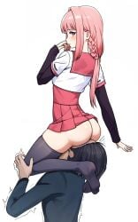 1boy ass commentary cowgirl_position drinking_pee english_commentary female femdom highres kamihama_university_affiliated_school_uniform magia_record:_mahou_shoujo_madoka_magica_gaiden magical_girl mahou_shoujo_madoka_magica masochism miyuyu5 peeing peeing_in_mouth school_uniform sitting_on_face straddling tamaki_iroha thick_thighs thighhighs thighs urine