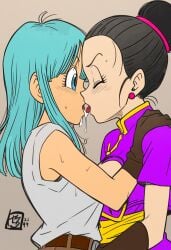 ai_generated black_hair blue_eyes blue_hair bulma_briefs chichi clothed clothing cum_kiss dragon_ball earrings kissing yuri