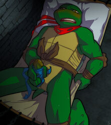 1boy anthro belt biceps blush erection green_penis green_skin hammock lying male male_only mask masturbation muscles mutant ninja on_back open_mouth pads penis pillow pose raphael reptile scales scalie sneefee solo sweat teenage_mutant_ninja_turtles teeth tongue turtle yellow_eyes