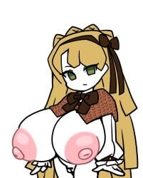 1girls areolae blonde_hair breasts crown_braid exposed_breasts female female_only ggo green_eyes huge_breasts lobotomy_corporation nipples pale-skinned_female pale_skin project_moon shortstack solo tiphereth_(lobotomy_corporation) top_heavy white_background