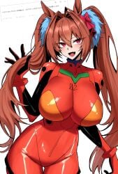 1girls :d absurdres animal_ears asuka_langley_sohryu asuka_langley_sohryu_(cosplay) big_breasts bodysuit bow breasts brown_hair cosplay cowboy_shot daiwa_scarlet_(umamusume) female female_only gloves hairbow highres horse_ears huge_breasts japanese_text large_breasts long_hair mecha_pilot_suit neon_genesis_evangelion oerba_yun_fang open_mouth plugsuit plugsuit_(evangelion) red_bodysuit red_bow red_eyes red_gloves simple_background smile solo text thigh_gap translated twintails umamusume vvernerluniq white_background