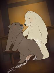 2014 anal anal_sex balls bear blush brown_fur brown_hair cum cum_inside cum_on_penis duo erection feral fur gay grizzly_(shirokuma_cafe) grizzly_bear hair mabit male mammal open_mouth orgasm penetration penis polar_bear sex shirokuma shirokuma_cafe