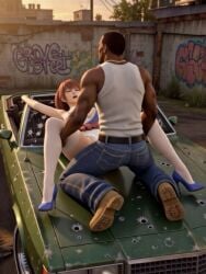 3d ai_generated arms_back asian_female black_male car carl_johnson couple couple_(romantic) crossover dark-skinned_male dead_or_alive eastern_and_western_character ecstasy gangster ghetto gold_jewelry graffiti graffiti_on_wall grand_theft_auto grand_theft_auto:_san_andreas heels high_heels holding_legs holding_thigh holding_thighs interracial jewelry kasumi_(doa) kunoichi legs_held_open legs_spread light-skinned_female los_santos lying_on_back lying_on_car missionary missionary_position moaning moaning_in_pleasure open_mouth pleasure_face ponytail softcore sunset wowzerpowzers