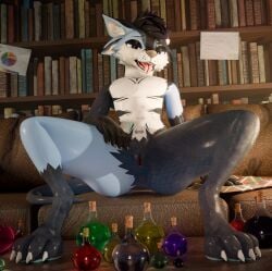 3d absurd_res andromorph anthro beverage black_body black_border blender_(artwork) border bottle bottomless clothed clothing container deuzear digital_media_(artwork) forked_tongue fur gender_symbol gender_symbol_tattoo genitals hi_res intersex intersex/male library lill_esp lill_espion looking_at_viewer looking_pleasured male mammal nude open_mouth potion potion_bottle presenting pubic_tattoo rule_63 simple_background smile solo spread_legs spreading symbol tail tattoo tongue tongue_out vaginal_penetration vulva