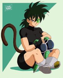 armor bodysuit breasts clothed dragon_ball dragon_ball_super dragon_ball_z female happy maiz relaxing saiyan saiyan_armor saiyan_female saiyan_tail shoes skintight skintight_bodysuit skintight_clothing smiling solo solo_female thick_thighs thighs