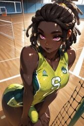 ai_generated aistel brown_hair bulge dark-skinned_futa dark_skin dreadlocks futanari medium_breasts oc original_character pink_eyes sweat volleyball volleyball_shorts volleyball_uniform