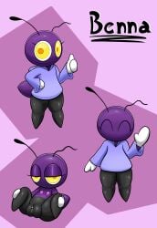 absurd_res antennae_(anatomy) arthropod benna_the_bug big_pussy black_body black_skin broken_antennae character_name clothing eyelashes female flat_chested genitals gesture glistening glistening_body gloves grey_body grey_legs grey_vulva half-closed_eyes hand_gesture handwear happy hi_res insects looking_at_viewer model_sheet mouthless narrowed_eyes nipples orange_pupils pink_background pink_nipples pupils purple_background purple_body purple_skin pussy shaded shortstack shortstack_female simple_background simple_face smile solo spread_legs spreading supermoonshroom sweater tail text thumbs_up toony topwear white_clothing white_gloves white_handwear yellow_eyes