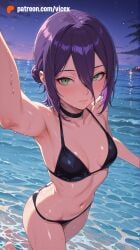 1girls 2026 ai_assisted ai_generated anime athletic_body beach bikini black_bikini breasts bust chainsaw_man female green_eyessea looking_at_viewer male mid_breasts night outdoors reze reze_(chainsaw_man) short_hair slim_body small_breasts smile solo_female swimsuit thighs vicex violet_hair water
