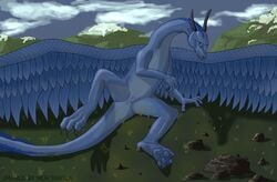 anus blue_eyes blue_feathers blue_scales dragon eragon female horn mercrantos mountain outside presenting pussy saphira smile solo