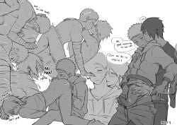 2boys absurdres anilingus bandaged_arm bandages blush bottomless clothes_pull commentary drawstring english_commentary english_text erection facial_mark french_kiss greyscale highres hood hoodie kissing lifting_another's_clothes male_focus male_underwear monochrome multiple_boys multiple_views naruto_(series) pants pants_pull penis precum pubic_hair reach-around sex sex_from_behind short_hair simple_background skinny speech_bubble sweatpants themidnights0ng top-down_bottom-up uchiha_sasuke underwear uzumaki_naruto whisker_markings white_background yaoi