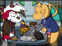 2022 2d_animation anal anal_sex animated antennae_(anatomy) anthro artist_name balls birthday_cake birthday_party black_body black_fur blinking bodily_fluids bottomless bottomless_anthro bottomless_male bottomwear bottomwear_down brown_hair cake cake_slice canid canine canis clenched_teeth closed_eyes clothed clothing cum cum_on_food dated dessert digital_media_(artwork) dragonite food forced forced_anal fur generation_1_pokemon generation_7_pokemon genital_fluids genitals green_body green_scales grey_body grey_fur group hair hand_on_butt hand_on_penis hat headgear headwear horn kerchief looking_at_viewer looking_down lycanroc male male_only mammal masturbation membrane_(anatomy) membranous_wings midnight_lycanroc neckerchief neckwear nintendo open_window orange_body orange_scales pants pants_down partially_clothed party_hat penetration penile penile_masturbation penile_penetration penis penis_in_ass pixel_(artwork) pixel_animation pokemon pokemon_(species) raised_tail rape red_body red_fur scales sex smile sweat tail tan_body tan_scales tears teeth text tongue tongue_out trio white_body white_fur wings wolf zandermanith