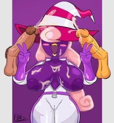 1girls 2boys bowser bukkake covered_in_cum donkey_kong female female_focus fonz large_breasts male male/female mario_(series) mario_kart paper_mario paper_mario:_the_thousand-year_door trans_woman transfem vivian_(paper_mario)