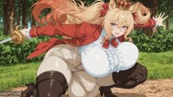 1futa ai_generated blonde_hair blue_eyes boosty boosty_username bulge dickgirl futanari futornyx huge_balls huge_breasts intersex kemonomimi large_breasts large_testicles original_character pony_girl pony_tail solo tail testicles thick_thighs twitter_username wide_hips