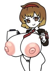 1girls areolae bare_legs breasts brown_hair exposed_breasts female female_only ggo gradient_hair huge_breasts lobotomy_corporation looking_at_viewer malkuth_(lobotomy_corporation) massive_breasts nipples pale-skinned_female pale_skin project_moon pussy short_hair smile solo top_heavy white_background