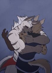 absurd_res anthro clothed clothing duo fully_clothed hamish_(temptations_ballad) hi_res hug hyena male male/male mammal marrow_(temptations_ballad) muscular muscular_male muscular_on_muscular romantic romantic_couple sad shirokoi simple_background size_difference spotted_hyena striped_body striped_hyena stripes tail temptations_ballad_(visual_novel) topless