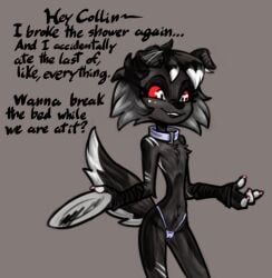 black_body black_fur canid canid_demon canine clothed clothing collar demon dialogue flat_chested fur hellaverse hellhound helluva_boss mammal molly_(soulcentinel) mythological_canine mythological_creature mythology partially_clothed plate red_eyes size_difference soulcentinel tail text topless