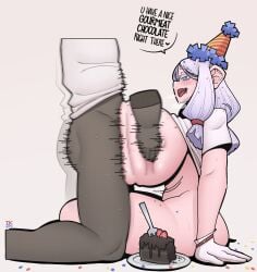 1boy 1girls big_boobs big_breasts big_tits boobjob boobs bottomless bottomless_male breasts cock cock_between_breast dick dick_between_boobs english_text eyebrows_visible_through_hair female genitals gloves no_bra no_panties original paizuri party_hat penis penis_between_breasts takyzen text thick_thighs thighs titjob tits woman