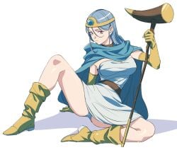 1girls big_breasts blue_hair breasts cape dragon_quest dragon_quest_iii dress exposed_breasts female female_only gloves red_eyes sage_(dq3) thighs underwear upskirt white_dress white_underwear yellow_gloves