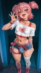 1boy 9:16 ai_generated androgynous asymmetrical_legwear beautiful belt blush boots breasts bulge bulge_through_clothing bulge_under_clothes crop_top cropped_shirt cross-laced_footwear cute cute_face cutoffs denim_shorts doorway epic_games esme_(fortnite) facial_marks fake_breasts fellatio_face fellatio_gesture femboy femboy_focus feminine_male fortnite genderswap_(ftm) girly glossy_skin green_eyes heart heart_print highres inviting inviting_to_fuck inviting_to_sex kneehighs leg_pouch light-skinned_femboy light_skin looking_at_viewer male male_focus male_with_breasts medium_breasts midriff motion_lines navel off-shoulder_shirt off_shoulder off_shoulder_shirt ok_hand_sign ok_sign otoko_no_ko over-kneehighs penetration_gesture petite petite_femboy pink_footwear pink_hair red_choker red_undershirt rule_63 self_upload short_shorts short_twintails shorts single_kneehigh single_sock single_thighhigh sissy skull_choker skull_on_choker slim_femboy slim_legs smug solo soplon standing striped_clothes striped_socks thigh_pouch thigh_strap thighhighs thighs toned toned_femboy tongue_out trap twin_pigtails twintails two_side_up uneven_legwear white_shirt white_thighhighs wide_hips wristband