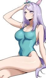absurdres animal_ears aqua_one-piece_swimsuit breasts cleavage female highres horse_ears horse_girl horse_tail long_hair medium_breasts mejiro_mcqueen_(umamusume) one-piece_swimsuit purple_eyes purple_hair simple_background solo swimsuit tail thighs umamusume vvernerluniq white_background