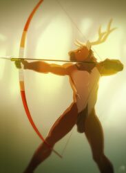 1boy abstract_background anthro antlers archer balls bow_(weapon) cervine deer horn male male_only mammal nude patto penis ranged_weapon sheath soft_focus solo standing weapon