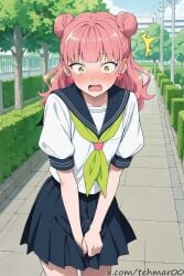 1boy ai_generated bangs blush day double_bun earrings eyebrows_visible_through_hair femboy genderswap_(ftm) hair_bun heart jewelry looking_at_viewer male neckerchief oerba_yun_fang open_mouth outdoors pink_hair pleated_skirt rule_63 sailor_collar school_uniform serafuku shirt short_sleeves skirt solo standing suzuki_miyu tagme tehmar trans_woman transfem trap tree yellow_eyes you_and_i_are_polar_opposites