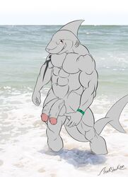 1boy abs anthro balls biceps big_muscles big_penis diphallia diphallism fangs fin fish flaccid grey_skin grin humanoid_penis male male_only marine markshark_(artist) multi_penis muscles nude pecs penis pose red_eyes scales scar sea shark smile solo standing tattoo teeth toned vein veiny_penis water wristband