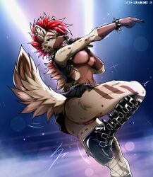 2026 abby_(tsarfox64) anthro anus black_boots black_bottomwear black_clothing black_footwear black_skirt black_topwear black_vest boots bottomwear bracelet breasts brown_body clothed clothing collar ear_piercing ear_ring electronics fangs female fishnet_clothing fishnet_legwear footwear fur genitals hair hi_res hyena jewelry legwear mammal markings microphone nails nipples no_underwear partially_clothed piercing red_hair ring_piercing shoes skirt solo spiked_bracelet spiked_collar spikes spots spotted_body striped_body striped_hyena stripes tai_l_rodriguez tail tan_body teeth topwear vest vulva yellow_eyes