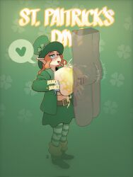 bar_censor belt big_boobs big_breasts big_tits boobjob boobs boots breasts censor_bar censored censored_penis cock cock_between_breast cum cum_between_breasts dick dick_between_boobs ejaculation ejaculation_between_breasts english_text genitals green_eyes green_eyes_female heart-shaped_pupils no_bra orgasm original_character paizuri penis penis_between_breasts pointy_ears semen sketch skirt st._patrick's_day striped_legwear takyzen titjob tits x-ray