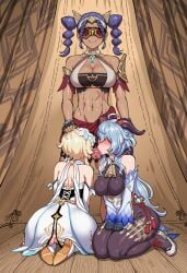1futa 2girls ai_generated eyeless_female fellatrix_(style) fully_clothed futanari ganyu_(genshin_impact) genshin_impact hair_grab jeht_(genshin_impact) lumine_(genshin_impact) malicious_smile novelai scar sit twintails user96gmg