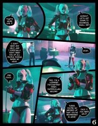 1boy 1boy1girl 3d 3d_(artwork) abs angry angry_expression angry_face athletic athletic_female bangs batman_(bruce_wayne) batman_(series) big_breasts big_cleavage black_choker black_glove black_hair black_pants blonde-haired_female blonde_female blonde_hair blue_eyeshadow blue_highlights caucasian caucasian_female caucasian_male choker cleavage collar comic corset crudbox3d dialogue english_text female fit fit_female formal_wear gloves hands_on_hips harley_quinn harley_quinn_(series) hotpants jacket jacket_open leather_clothing leather_jacket lipstick makeup midriff pink_eyeshadow pink_highlights red_glove smile sneakers speech_bubble strip_club thick_thighs thigh_highs thighhighs thighs twintails two-tone_clothing white_shirt white_skin white_skinned_female