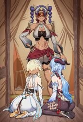 ai_generated fellatrix_(style) fully_clothed ganyu_(genshin_impact) genshin_impact hair_grab jeht_(genshin_impact) lumine_(genshin_impact) novelai scar sit twintails user96gmg