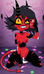 after_gangbang after_sex ai_generated condom cum cum_in_pussy cum_inside demon demon_girl demon_horns demon_tail fingering helluva_boss imp millie_(helluva_boss) pussy red_skin red_skinned_female selfie used_condom