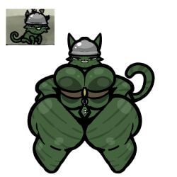 anthro anthrofied belt_on_breasts boob_press boob_squish cat_girl cat_humanoid catgirl chubby collar curly feline filthyskull green_body green_fur helmet huge_ass huge_breasts mewgenics random_cat_i_got_ingame tagme thick_thighs