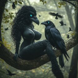 ai_generated fantasy feathers female raven trees