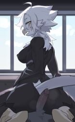 2025 absurd_res anthro areola ass avian beak biped bird black_body blush breasts clothed clothing cloud day digital_drawing_(artwork) digital_media_(artwork) duo faceless_anthro faceless_character faceless_male female genitals hair hi_res inside kaltespur looking_at_viewer looking_back looking_back_at_viewer male nipples nude nude_anthro nude_female nude_male panties pantsless pantsless_anthro pantsless_female penis rear_view shirt sky tail topwear underwear white_hair white_tail window yellow_eyes