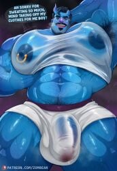abrams_(deadlock) big_pecs blue_body blue_skin bulge deadlock demon gay male male_only muscular muscular_male solo transparent_clothing zombie_perc