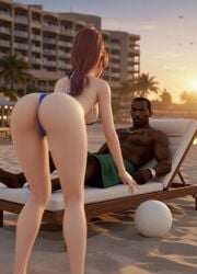 ai_generated asian asian_female ass beach beach_resort bent_over bikini black_male carl_johnson chair dark dark-skinned_male dark_skin dead_or_alive gangster gold gold_jewelry grand_theft_auto grand_theft_auto:_san_andreas interracial jewelry kasumi_(doa) kunoichi light-skinned_female ponytail staring staring_at_another sunset wowzerpowzers