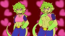 1girls 2024 acartoonist31 anthro breasts clothed clothing female female_only green_body green_hair green_skin pink_eyes showing_breasts tagme