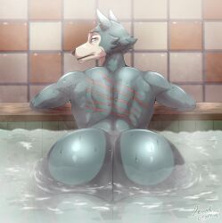 2026 anthro arm_support ass back_muscles back_scar bath beastars big_butt black_lips brown_eyes canid canine canis fur grey_body grey_fur hi_res hot_spring huge_butt legoshi_(beastars) lewdcryptid lips looking_at_viewer looking_back male mammal nude onsen partially_submerged rear_view scar signature solo steam tailless thick_thighs water wet wet_body wet_butt wet_fur wolf
