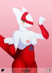 anthro anthrofied areola bedroom_eyes blush breasts commandg female generation_3_pokemon genitals latias legendary_pokemon medium_breasts narrowed_eyes nintendo nipples pink_areola pink_nipples pokemon pokemon_(species) pokemorph seductive simple_background solo vulva