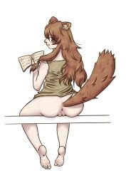 anime anime_character anime_girl anus ass ass_bigger_than_head ass_focus asshole bare_arms bare_ass bare_legs bare_shoulders bare_thighs big_ass big_thighs book brown_eyes brown_fur brown_hair brown_tail commentary_request commission feet feet_fetish female female_focus female_only foot_fetish foot_focus green_dress half-dressed half_human half_naked half_nude jenram pale_skin pussy raccoon_girl raccoon_tail racoon raphtalia raphtalia_(tate_no_yuusha_no_nariagari) smile smiley_face smiling_at_viewer tate_no_yuusha_no_nariagari